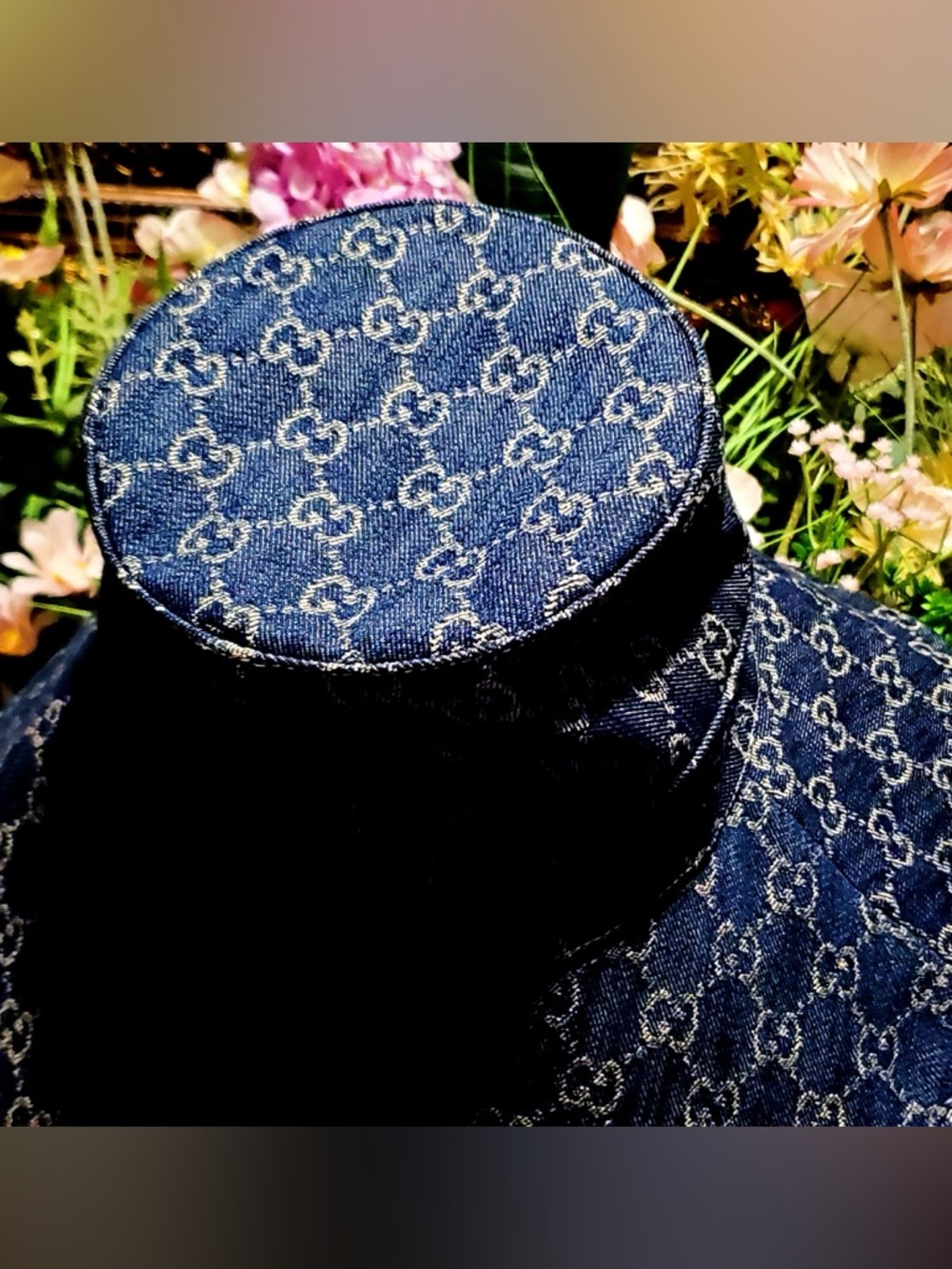 Denim Monogram Bucket Hat Large Wide Brim Jacquard Canvas Navy Blue Sun Beach - Picture 15 of 16